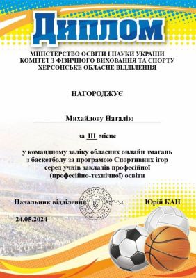 Диплом командний залік Михайлова Наталія